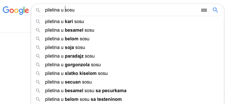 Google pretraga primer "piletina u sosu"