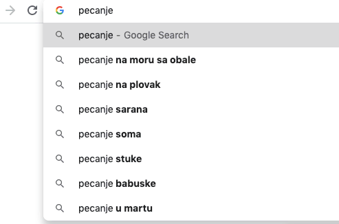 Google pretraga za ključnu reč "pecanje"